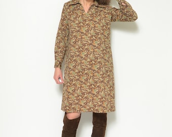 Vintage 70s Paisley Midi Dress: Collared Long Sleeve Polyester, Size Large