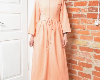 Vintage Peach Maxi Dress XS S Soft Velour Minimalist Long Sleeve Dress 80s