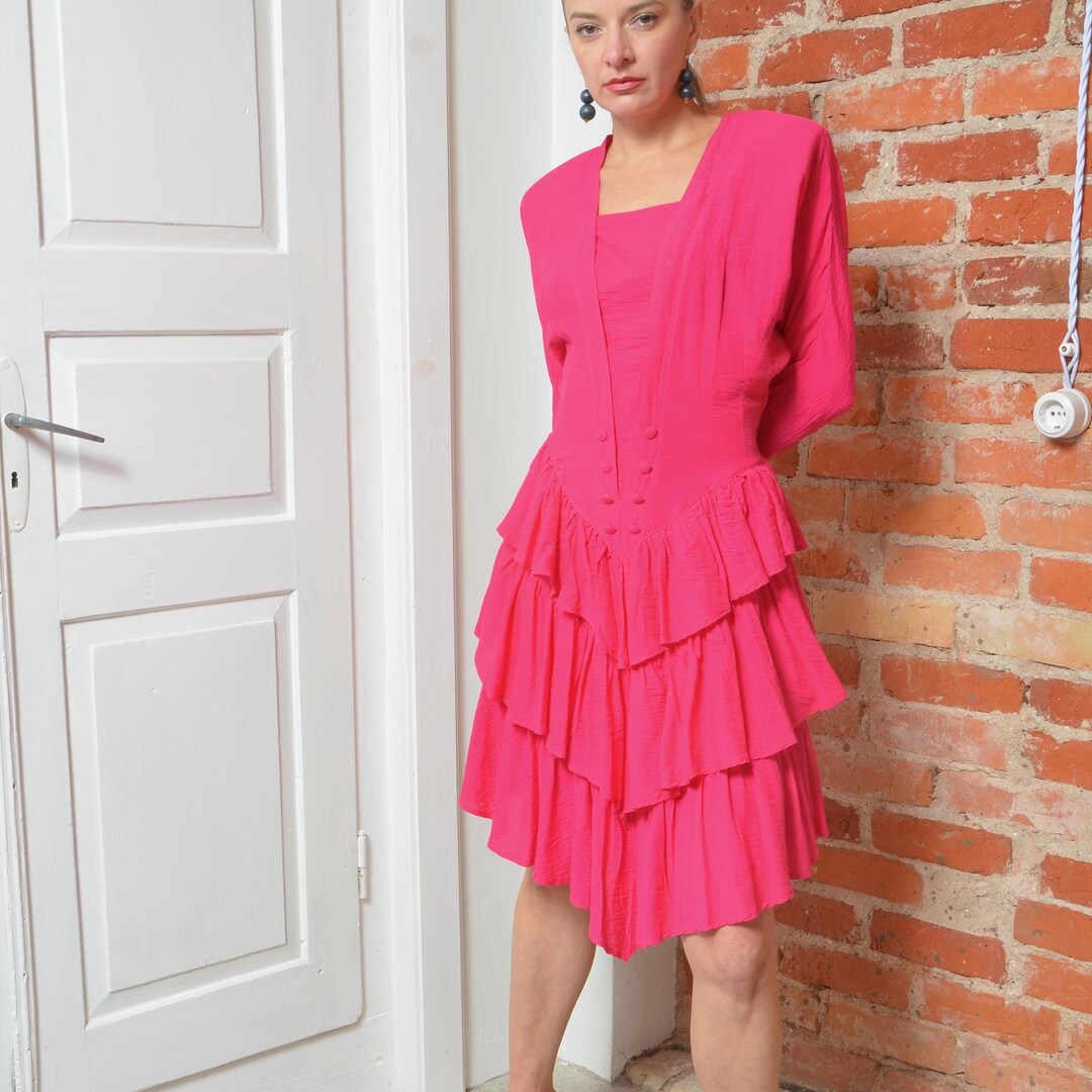 80s Ruffles 80s Hot Pink Ruffle Dress: Tiered Party Style, Size Medium - Etsy
