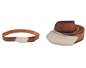 Vintage 90's Brown Leather Western Style Belt with Large Silver Curvy Buckle