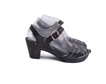 Vintage Moheda Swedish Black Leather Clog Sandals – Size 39 EU – Wooden Heel Buckle Strap