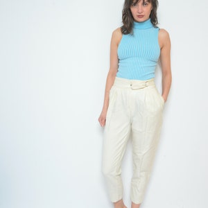 Wool Front Pleated Pants / Vintage 80s Beige Classic High Waisted Tapered Leg Winter Trousers - Size  Small/Medium