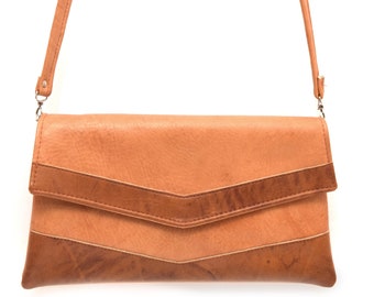 Vintage Brown Faux Leather 70's  Shoulder Bag with Fabric Lining / Color Blocking Purse