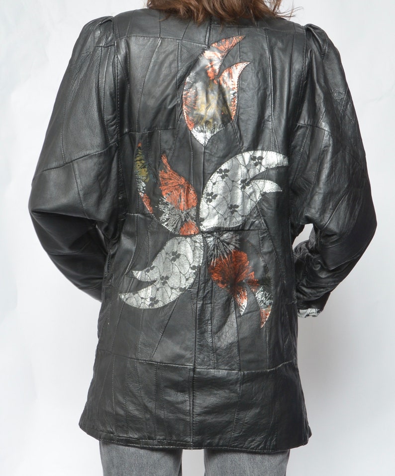 Patchwork Real Leather Oversized Jacket Vintage 80s Big Sleeve One Button Embellished batwing Genuine Leather Jacket Size Small