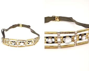 Vintage 90's Black Leather Art Deco Style Belt with Gold and Silver Metal and Large Rhinestones