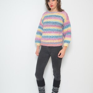 Pastel Rainbow Sweater / Vintage 90s Crochet Colorful Oversized Pullover Size Small image 4