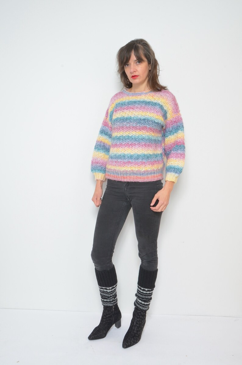 Pastel Rainbow Sweater / Vintage 90s Crochet Colorful Oversized Pullover Size Small image 4