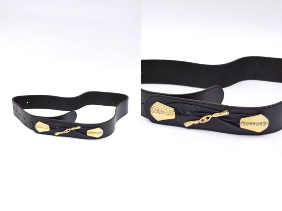 Vintage 90's Black Leather Belt with Gold Art Dec… - image 1