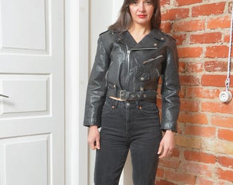 Vintage 80s Black Leather Biker Jacket Cropped Moto Jacket Belted Small