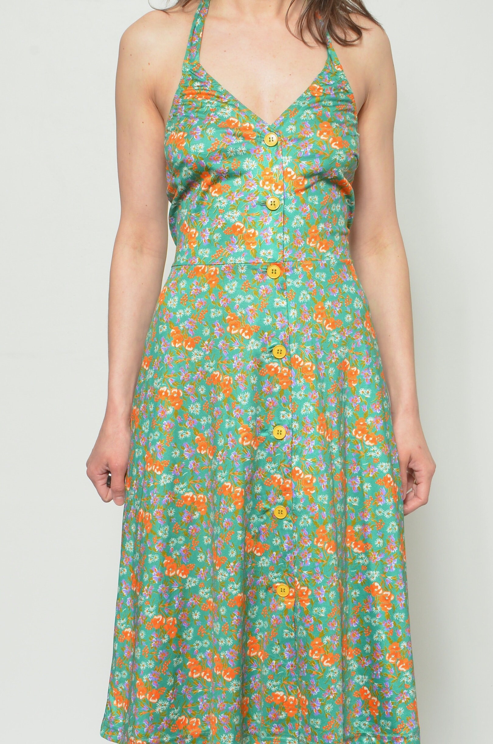 Halter Floral Dress / Vintage 80s Backless Sleeveless Summer