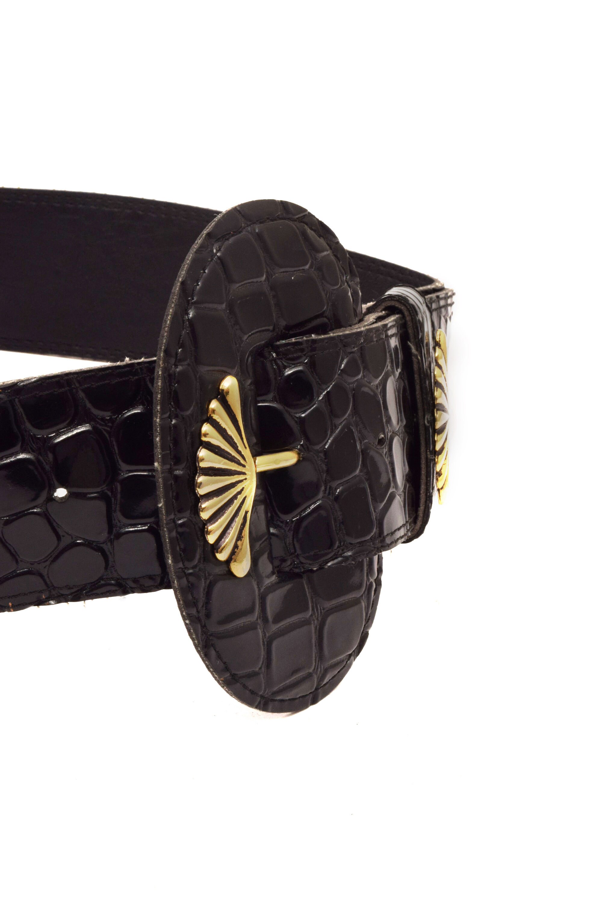 80s Express Womens Wide Belt Black Alligator Embossed Leather Gold Buckle Medium Wide Leather Black Croc Belt with Gold Buckle | BRAHMIN main image 4