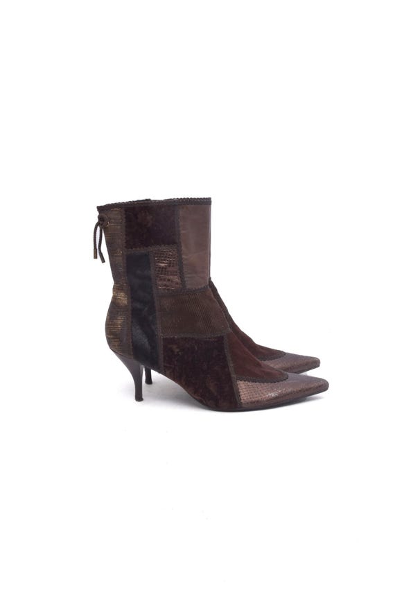 Vintage 00s Patchwork Pointy Toe Leather Booties With Curved Heel