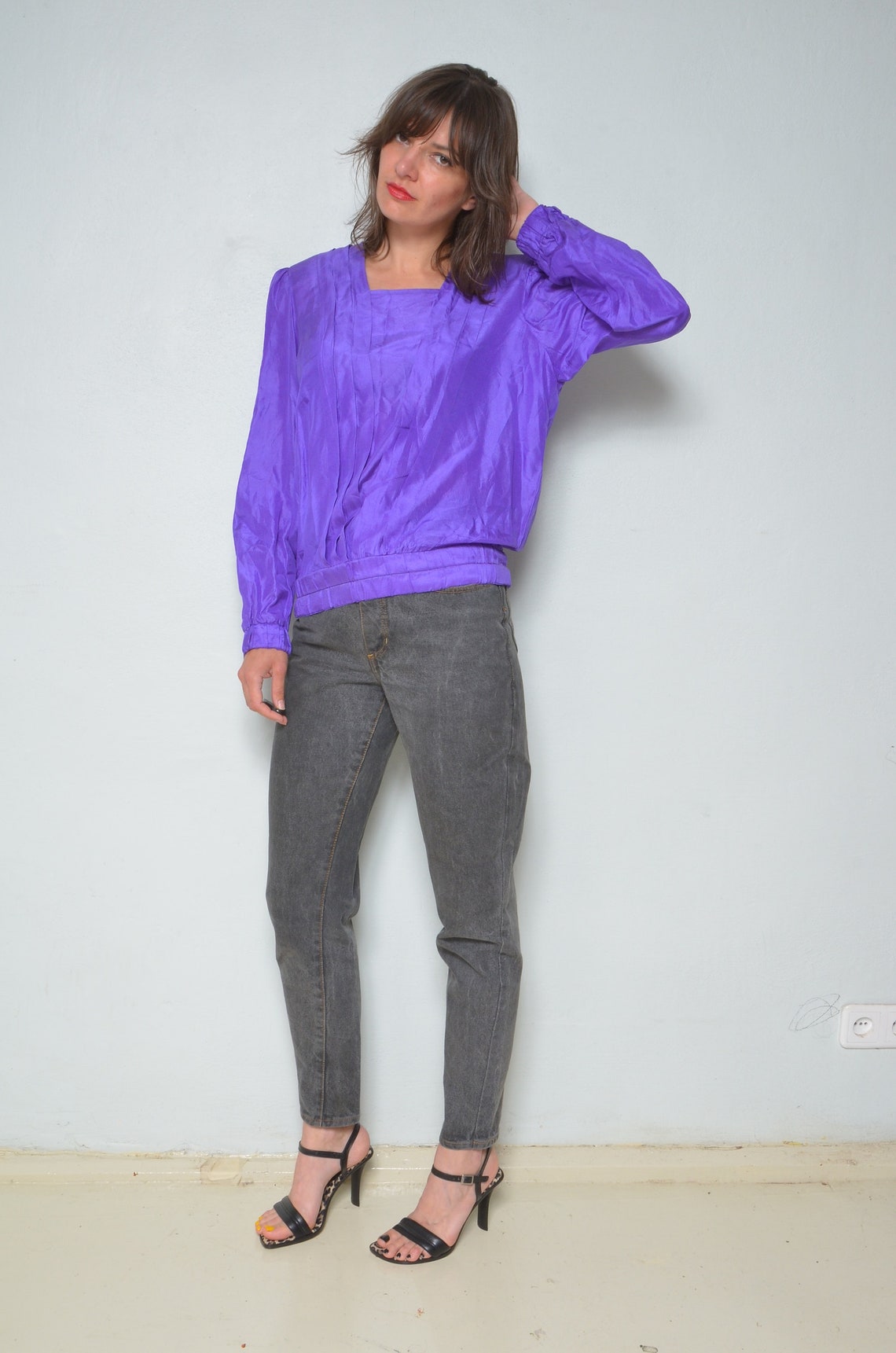 Vintage 80s Lurex Blouse Black Silver Purple 10 12