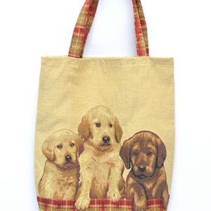 Sac fourre-tout en tissu vintage avec trois chiots mignons à l'avant et à l'arrière
