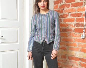Vintage 1980s Cotton Patchwork Jacket – Multi Color Striped Bohemian Blazer (Size M)