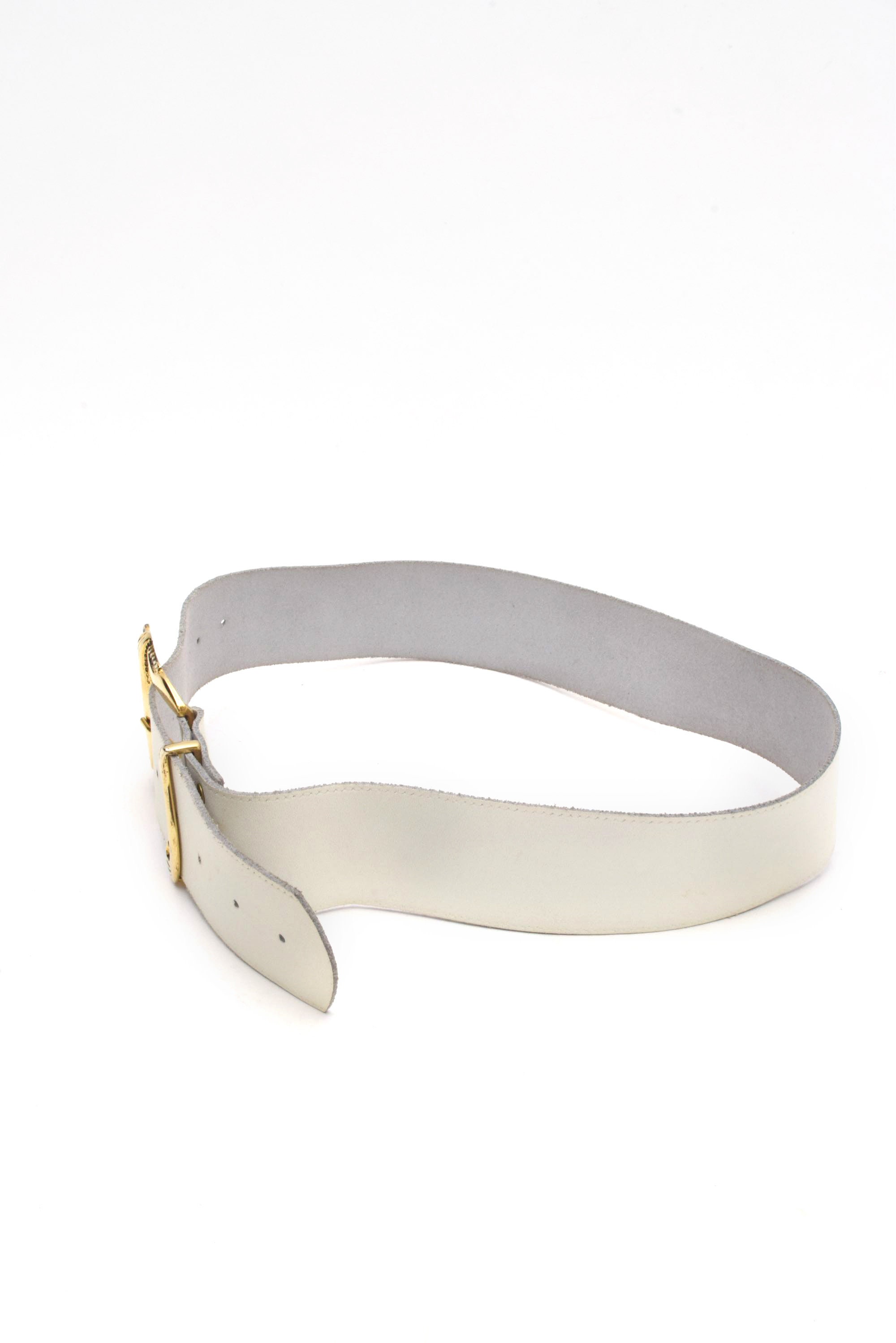 Vintage 90s White Leather Belt With Large Gold Art Deco  display picture 1