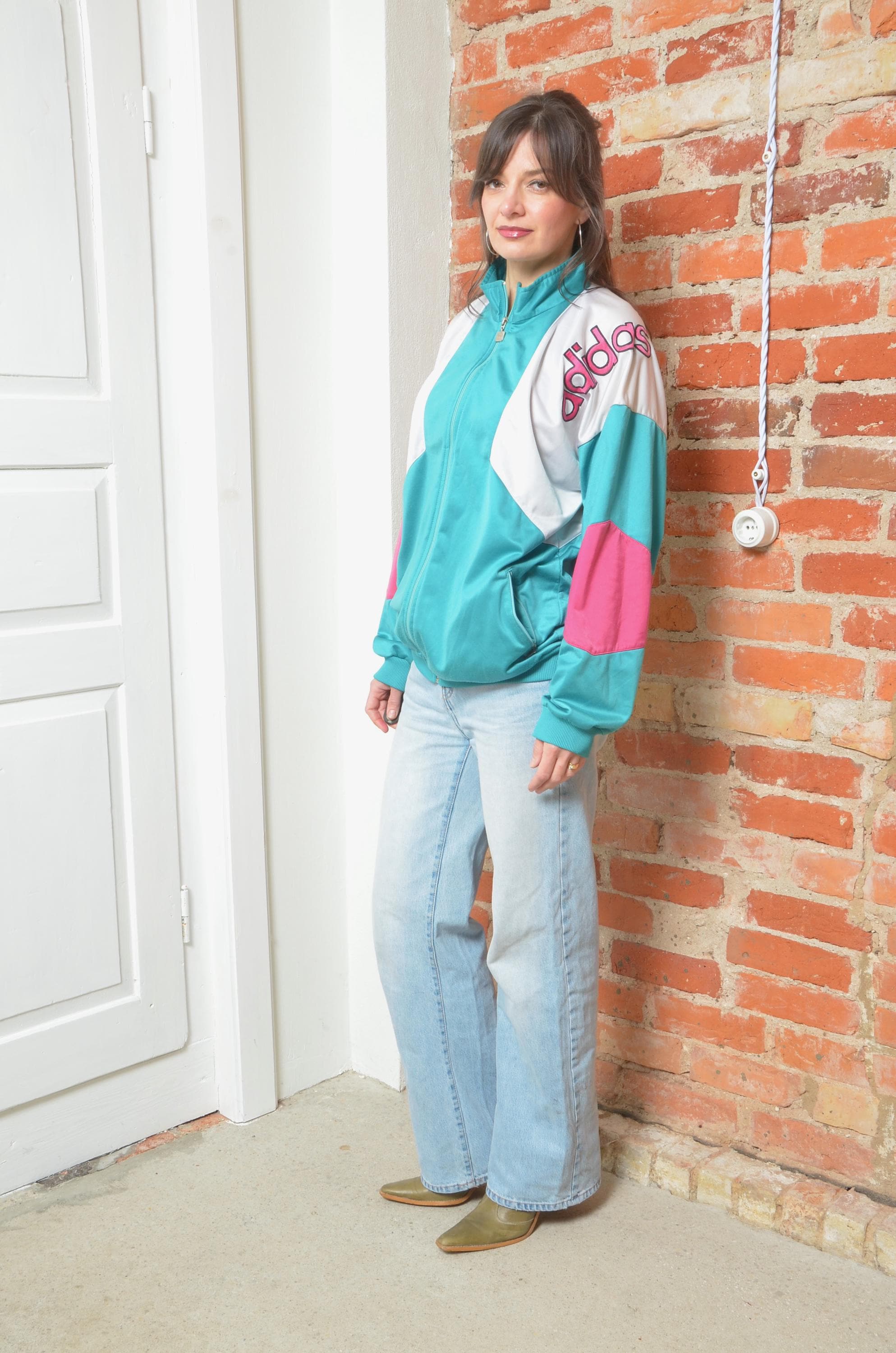 Vintage 90s Colorblock Track Jacket – Turquoise Pink White – Size Large ...