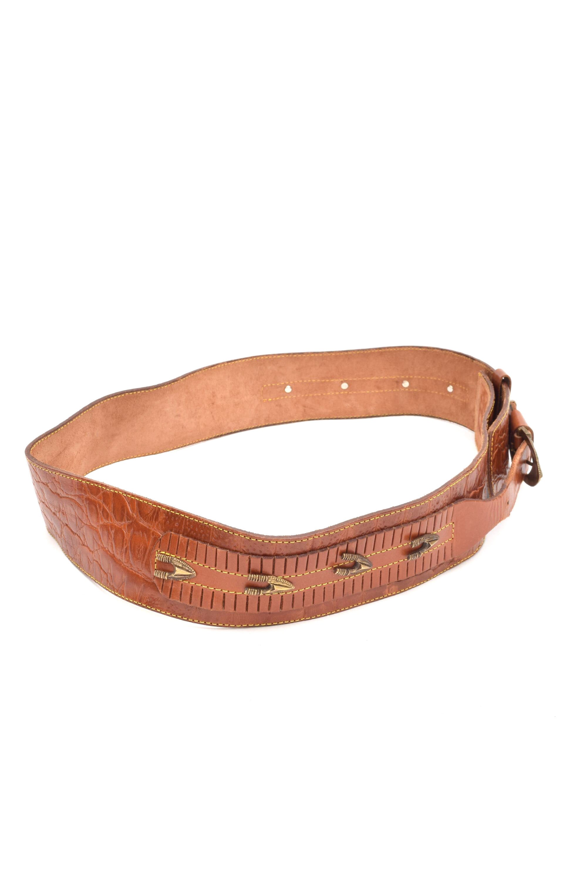 Vintage 90s Wide Brown Leather Western Belt: Arrow Brass 