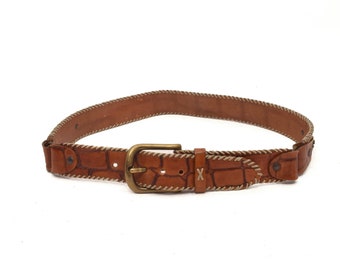90\'s Vintage Embossed Iguana Grain Steerhide Leather & Solid Brass Belt Black S Vintage Iguana Grain Steerhide Brown Leather Belt Solid  main image 4