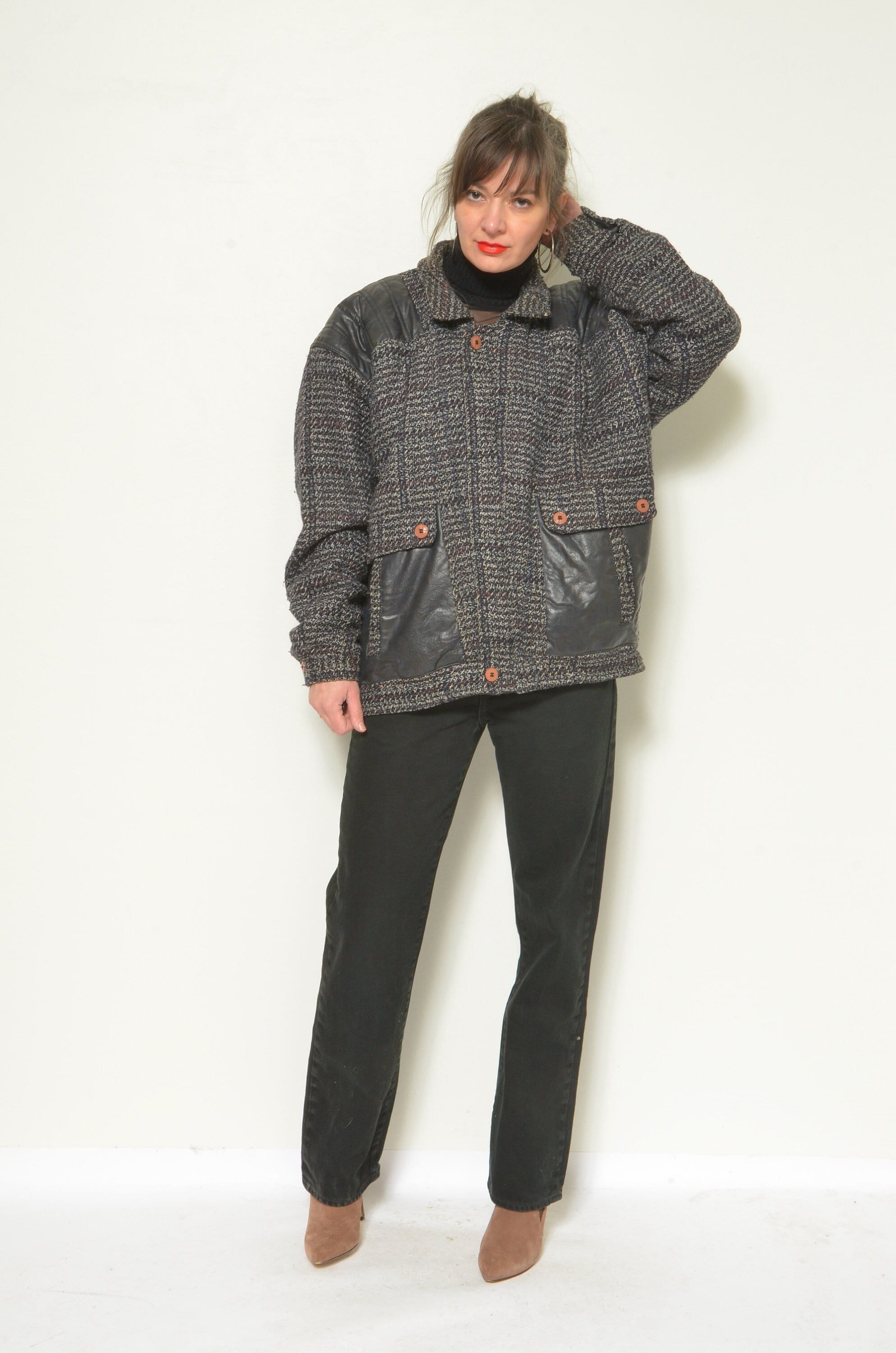 80s Wool and Leather Men Jacket / Vintage Collared Short