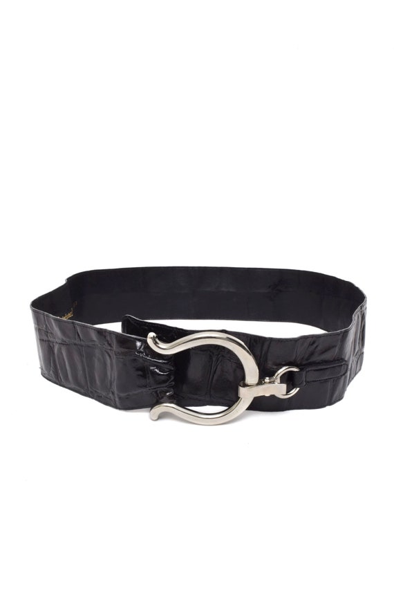 VINTAGE Black Patent Leather Belt GALPADA Black Patent Leather Belt Women, Vintage Square  main image 2