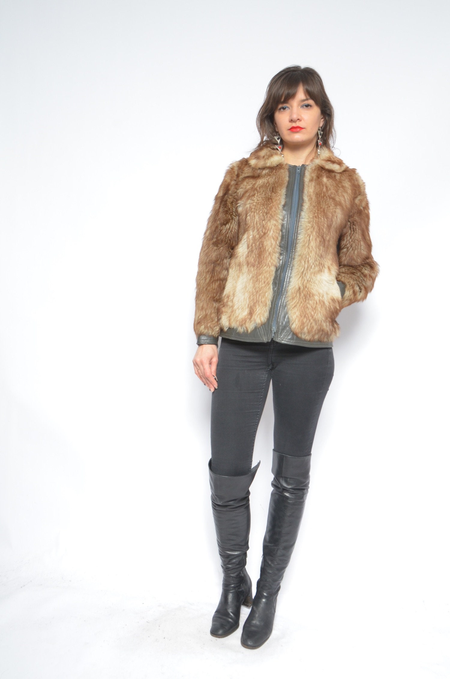 ジャケット・アウター 80S Vintage Fur Jacket Faux Fur Jacket / Vintage 80s Fur Zipper Leather Trim Winter Short