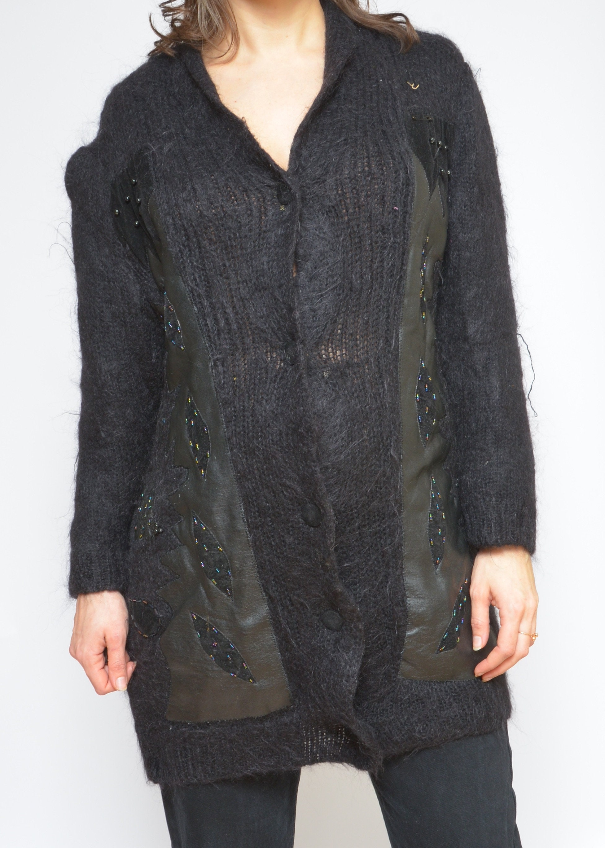 Vintage 80s Mohair Wool Cardigan: Oversized Black Sweater With