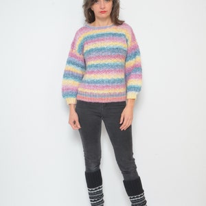 Pastel Rainbow Sweater / Vintage 90s Crochet Colorful Oversized Pullover Size Small image 2