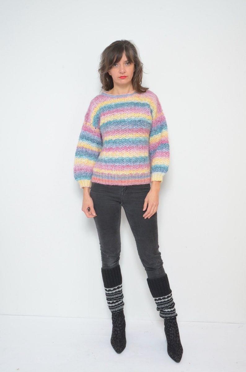 Pastel Rainbow Sweater / Vintage 90s Crochet Colorful Oversized Pullover Size Small image 2