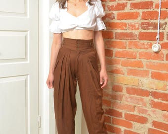 Vintage 1980s Brown High-Waisted Pleated Trousers – Made in France by Grafitys – Extra Small XS