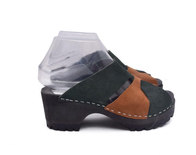 Chunky Suede Leather Platform Clogs / Two Tone Green and Brown Sandals – Size 35