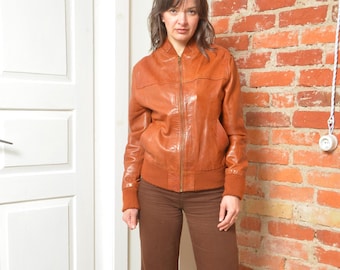 Vintage 70s Brown Leather Jacket Small Cropped Bomber Zip Up