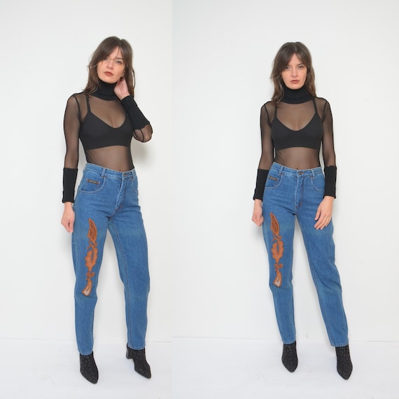 Embellished  Jeans / Vintage 80s Hight Waist Tapered Leg Denim Pants - Size Small