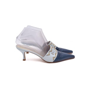 Vintage Blue Leather Kitten Heel Mules – Made in Spain – Size 39 EU – Embroidered Western Style