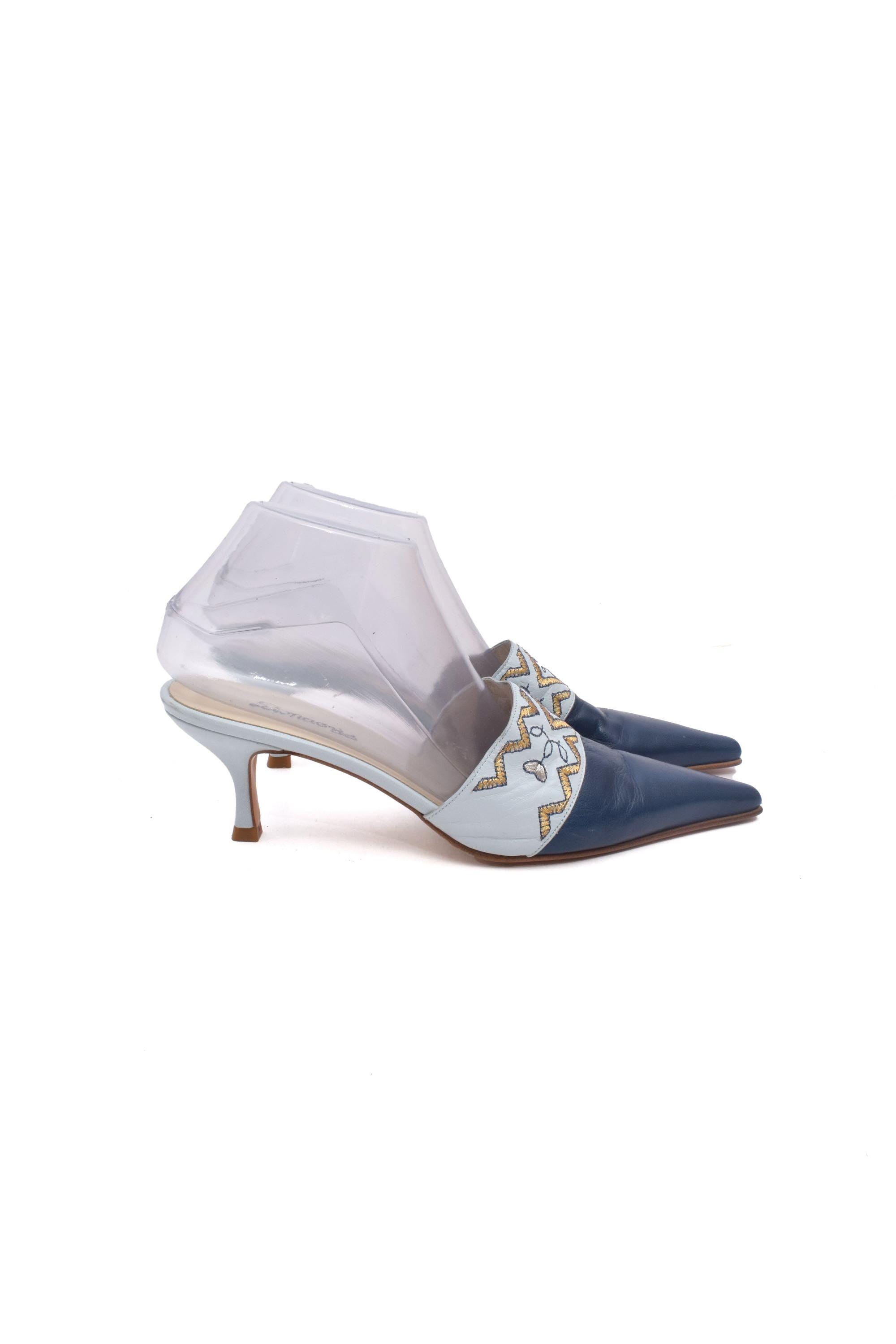 Vintage Blue Leather Kitten Heel Mules: Embroidered Western Style, Size 39 EU