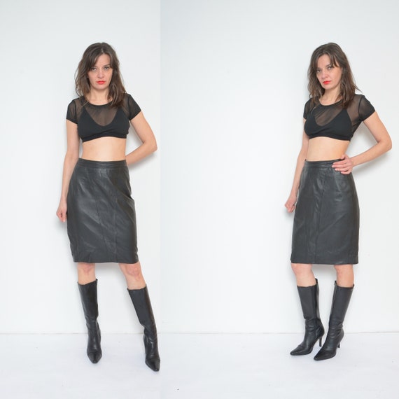 Real Leather Skirt/ Vintage 90s High Wast Genuine Leather