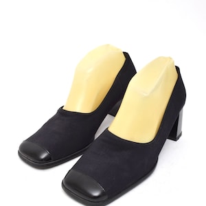 Vintage 90-tals Gabor svarta tygpumps: grova klackar med lacktå, storlek 7 US