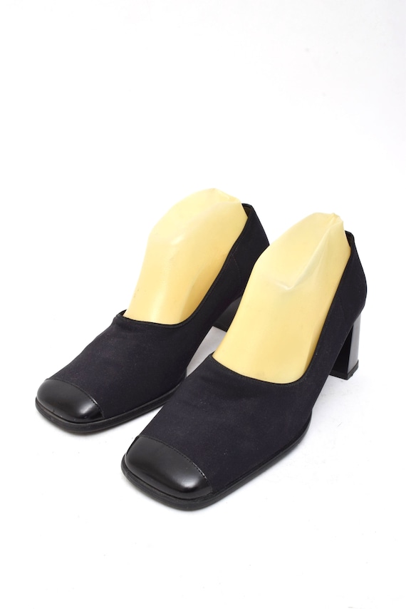 Vintage 90s Black Fabric Chunky Heel Pumps with S… - image 6