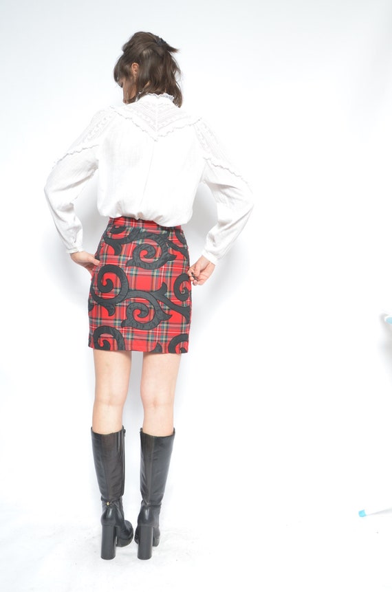 tartan Mini Skirt / Vintage 90s Embellished Red S… - image 8