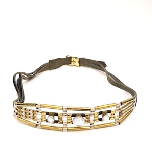 Vintage 90s Black Leather Belt: Art Deco Rhinestone Metal
