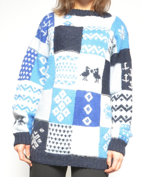 Winter Wool Sweater / Vintage 90s Patchwork Multi… - image 2