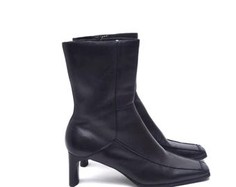 Vintage Black Leather Boots Square Toe Mid Heel Minimal 90s EU 38