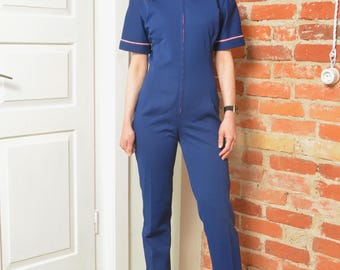 Vintage Blue Jumpsuit Zip Front 80s Fitted Minimal One Piece Small