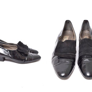 Vintage 90&#39;s Black Italian Patent Leather Loafers with Velvet Flaps (Made in Italy)