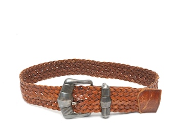 CARMEL BROWN, GENUINE WOVEN LEATHER, WITH HEAVY SILVER BUCKLE & TIP Vintage Caramel Brown Woven Leather Belt With Silver Buckle  main image 4