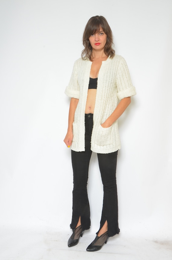 Ribbed Wool Cardigan / Vintage 90s Short Sleeve Lo