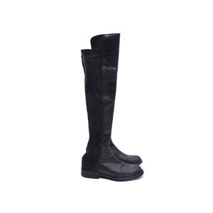 Vintage Black Over-the-Knee Leather Stretch Boots – Flat Sole Riding Style – Size EU 38