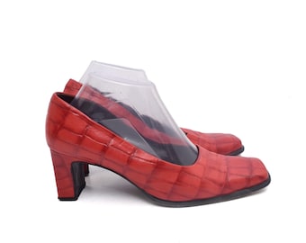 Vintage Red Croc Embossed Leather Heels: Italian Made Square Toe Pumps, Size 38 EU
