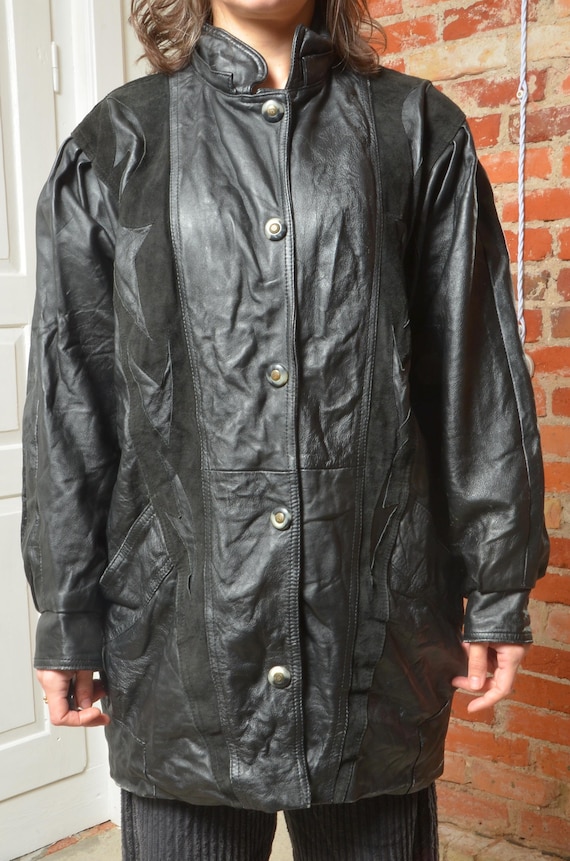 Vintage 80s Real Leather Oversized Snap Button Jacket - Size