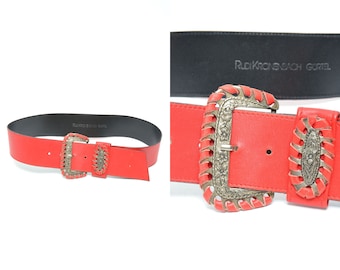 Vintage 90's Wide Red Leather Belt with Silver Metal Buckle and Flowers